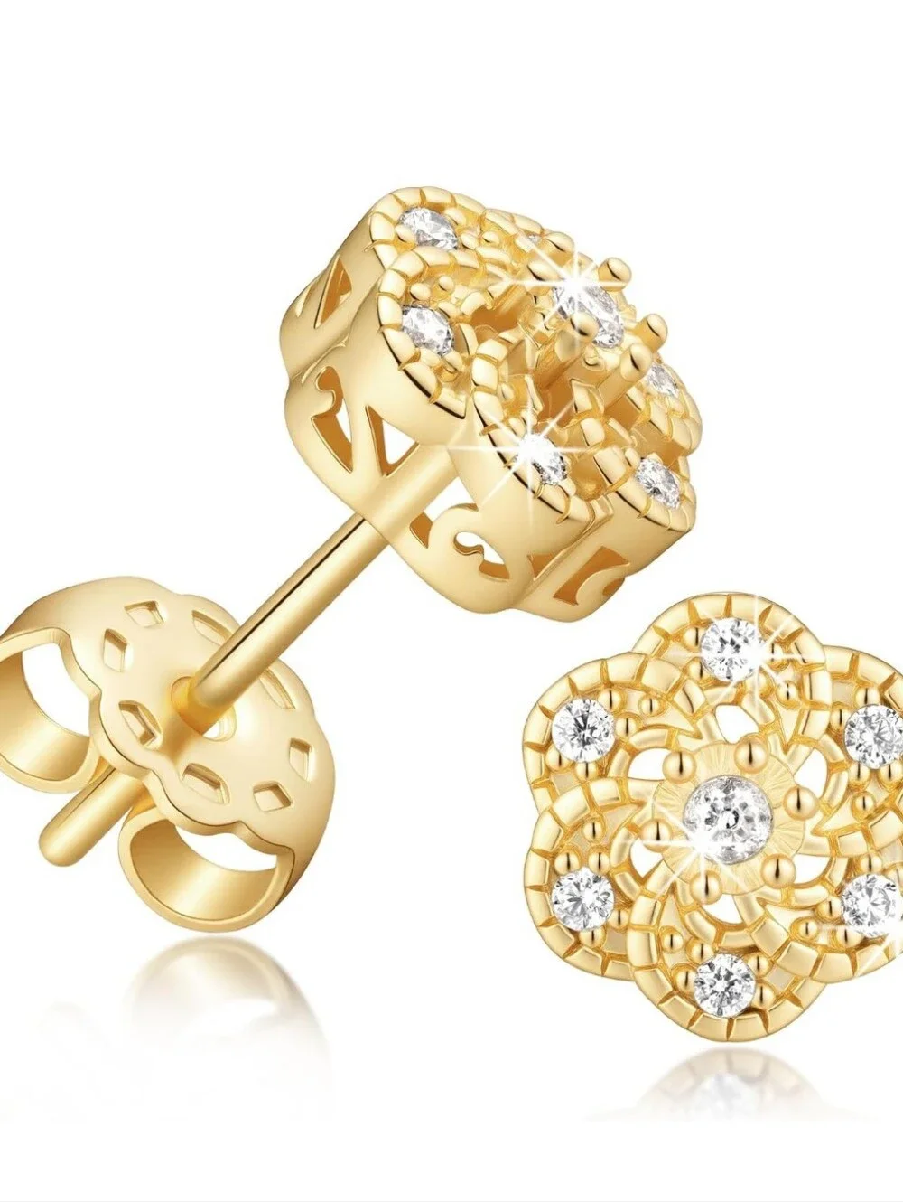 NWT 14K Gold Plated Flower Cubic Zirconia Stud Earrings – Brand New